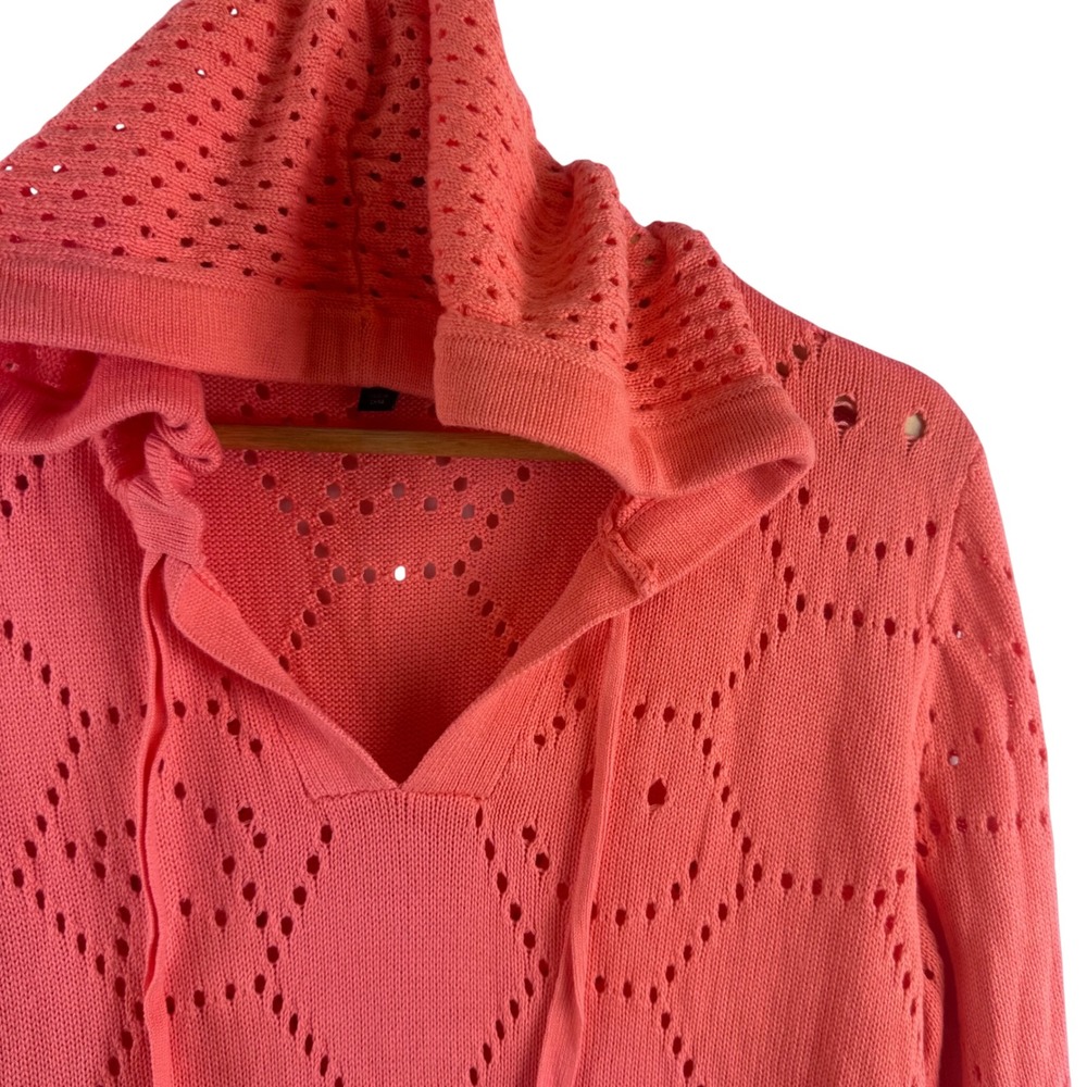 Torrid Pointelle Knit Hoodie Women 1 Coral Pink V-Neck Drawstring Sweater